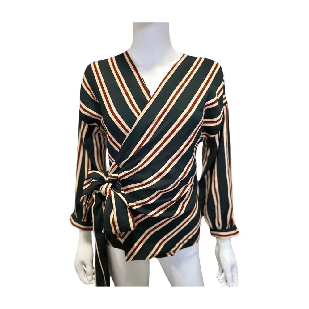 Zara Basic Collection Womens Blouse Wrap Size XS Red Blue Cream Tie Front - Picture 6 of 8
